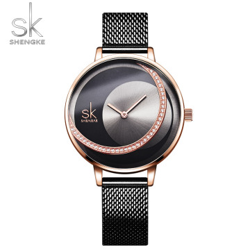 Newest Vogue SHENGKE K0088L Elegant Black Stainless Steel Mesh Women's Waterproof Quartz Watch