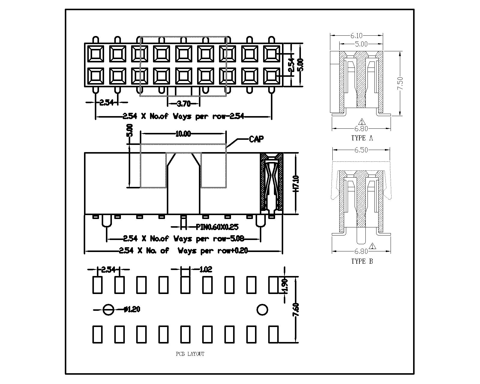 2.54 mm Female Header Dual Row SMT Type With Bump H7.1 FHEM13-XXDXXXX