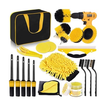 Factory Price 20 Pcs Car Cleaning Tools Kit - Yellow Auto Detailing Brush Set with Drill Brush for Car Wash