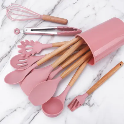 11-Piece Silicone Kitchenware Set with Wooden Handles - High Temperature Cooking Utensils