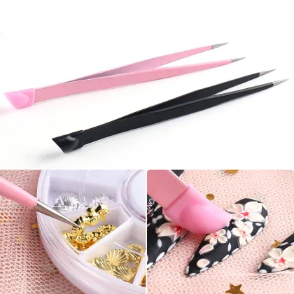 Durable Stainless Steel Nail Art Tweezers with Silicone Pressing Head for Manicure