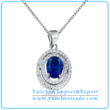 2014 Elegant Design Oval Sapphire AAA CZ Stone Necklace with Micro Paved Rhodium &Plated
