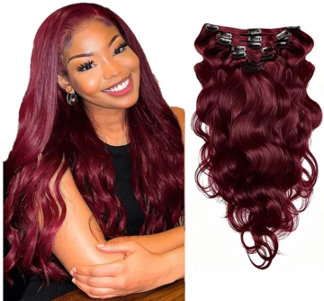 Wine Red Long Wave Human Hair Clip In Extensions 28 Inch 120 Grams