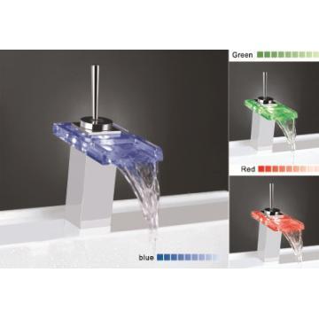 Glass LED waterfall basin mixer