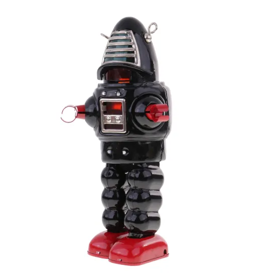 VINTAGE RETRO BLACK ROBOT TIN TOY CLOCKWORK WIND-UP ROBOT SPARKS IN Hat