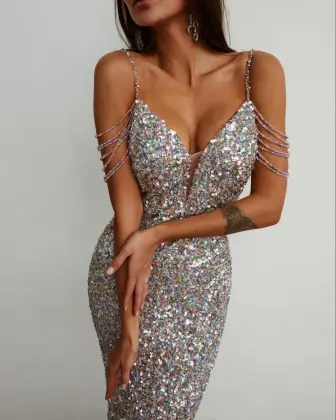 Sleeveless V Neck Sequined Dress For Celebrities