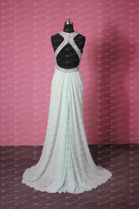 JA007 Sexy Halter Sleeveless Beading Backless Chiffon Mint Sexy Evening Dress