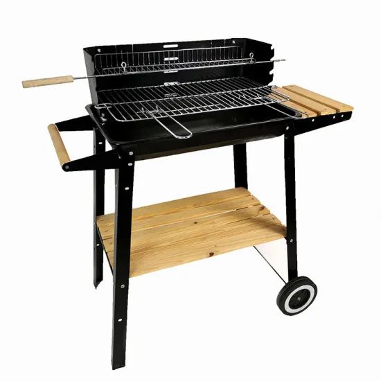 Outdoor Black Barbecue Trolley Charcoal Portable BBQ Grill With Wooden Side Table