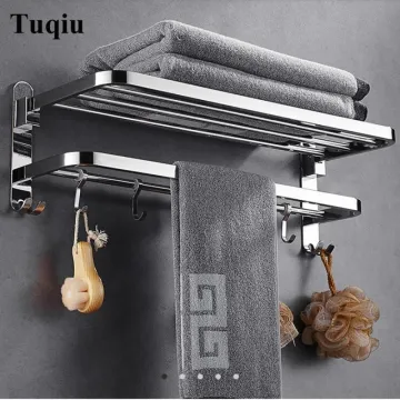 Nail or nail free Towel Racks Bathroom chrome Finish foldable Bath Towel Shelves Towel Bar Bath Hardware double level with hooks