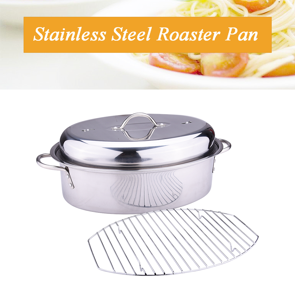 Stainless steel roasting pan with rack and lid