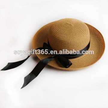 Summer Bow Ribbon Straw Sun Hat Beach Wide Brim Roll-up Floppy Cap