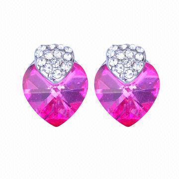 Heart-shape Crystal Pendant Stud Earrings, Made of Silver-plating and Zinc-alloy