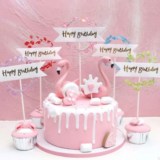 Glow Flashing Flower Garland Birthday Cake Topper - Romantic LED Gold Flag HAPPY BIRTHDAY Decoration