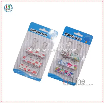 Fashion flower printed paper binder clips , 6pcs binder clips blister card set