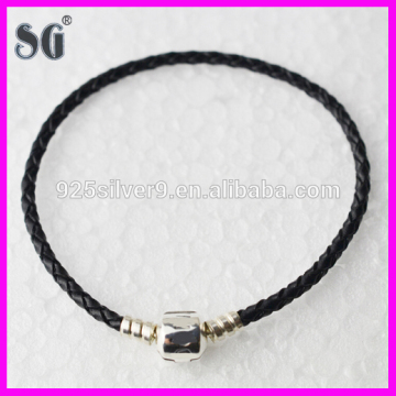925 Sterling Plated Silver Clasp Rope Chain European Charms Leather Bracelets