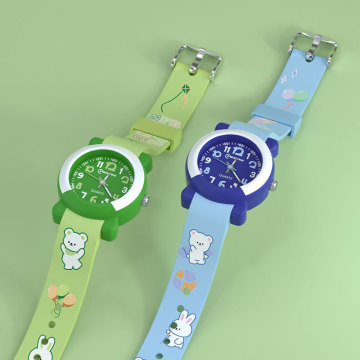 Green Quartz Wrist Watch with Cartoon Animal Design for Kids