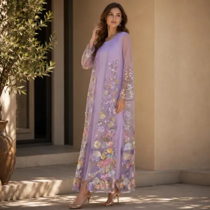 Lilac 3D Floral Mesh Open Abaya Set