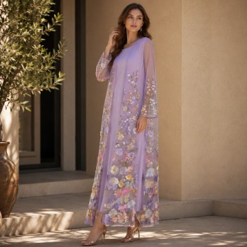 ست لباس سه بعدی مش گل یاس بنفش عبای باز
