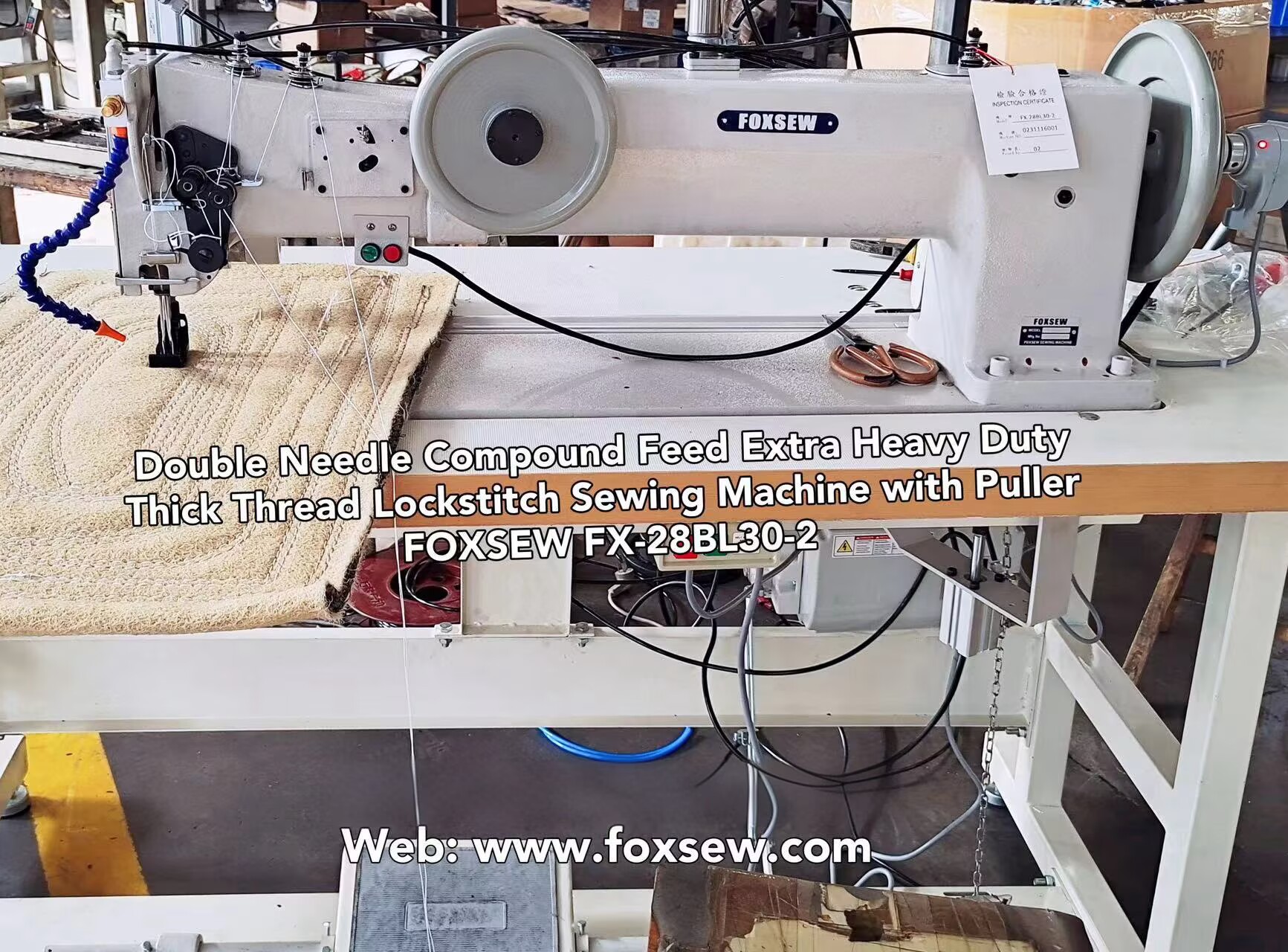 Long Arm Double Needte Triple Feed Extra Heavy Duty Lockstitch Sewing Machine with Puller FOXSEW FX-28BL30-2 -C