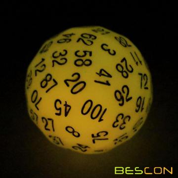 Bescon Glow in Dark Polyhedral Dados de 100 lados Luminoso amarillo, dados luminosos D100, cubo de 100 lados, dados de juego Glow-in-Dark D100