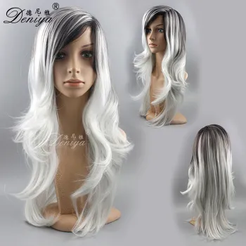 Black to White ombre color wig long wave synthetic wig with cheap price