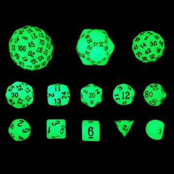 Bescon super luminoso in un set di dadi rpg poliedrici completi buio 13pcs d3-d100, set di dadi di ruolo ambra e luminoso