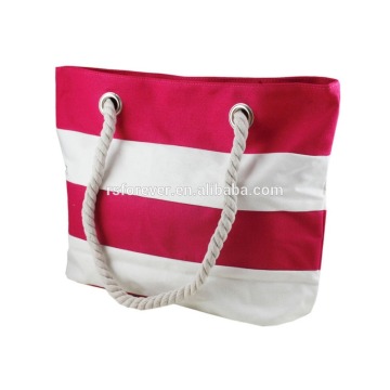 Fashionable Recyclable Natural Cotton Beach Bag With Pink Stripe