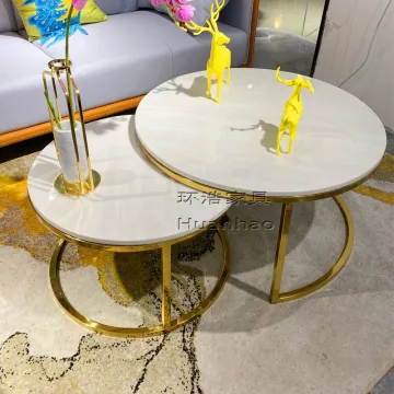 Modern Gold Stainless Steel and Marble Top Round Coffee Table Set
