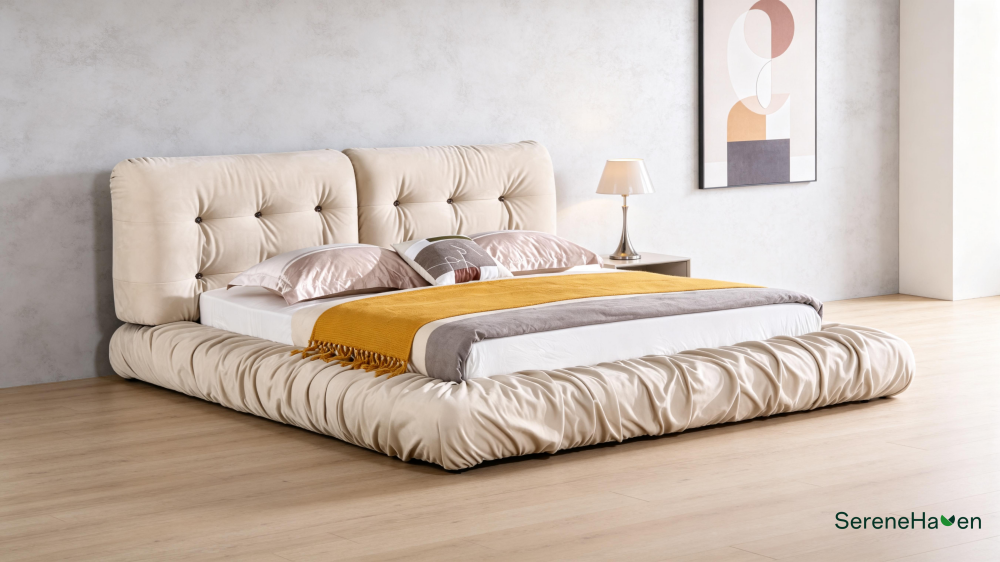 SereneHaven Fluffy Cloud Style Upholstered Bed: Premium bedroom furniture with solid wood frame, matches Serene Haven leather sofa for living room