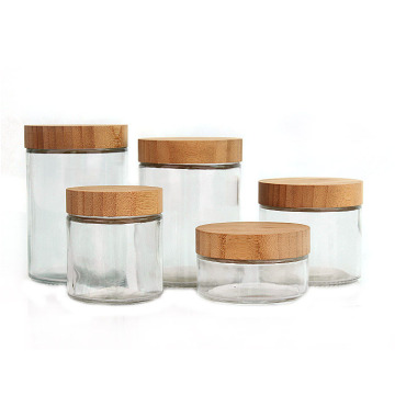 Round Glass Spice Cookie Storage Jars with Bamboo Wood Lid - Various Sizes Available