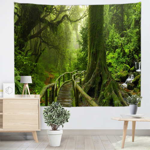 Forest Natural Wall Tapestry Green Trunk Wooden Bridge Tapestry Wall Hanging for Livingroom Bedroom Dorm Home Decor