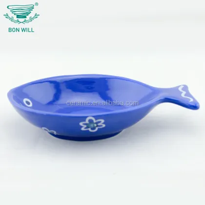Unique Fish Shape Ocean Ceramic Plates with Blue Fish and Plant Patterns for Wholesale