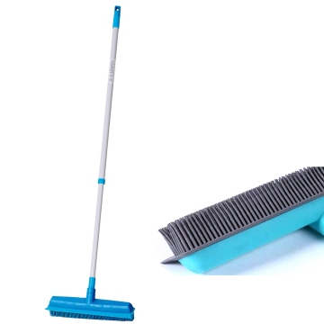 Professional Grade Rubber Bristle Broom, Squeegee with Long Handle for Carpet Cleaning