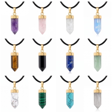 Gemstone Hexagonal Pendant Necklace Natural Stone 6x10MM Hexagon Charm Pendant Choker Crystal Hexagon Necklace with Black Cord
