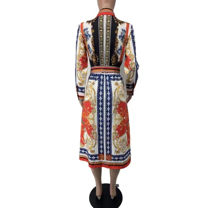 Women's Casual African Long Sleeve Buttons Open Front Belted Long Blouse Shirts Dress Loose Outwear Africa Clothing