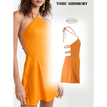 Frauen -Leinenmisch -Sommer -Open -Rücken -Mini -Kleid