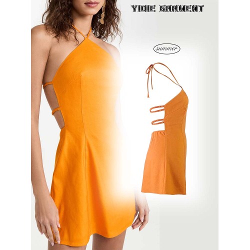Frauen -Leinenmisch -Sommer -Open -Rücken -Mini -Kleid