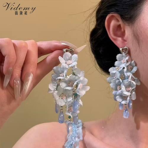 Romantic Blue Fabric Three-Dimensional Earrings