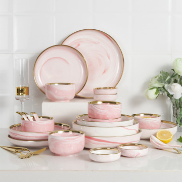 Nordic Marble Pink Ceramic Personalized Light Luxury Golden Dishes Set
