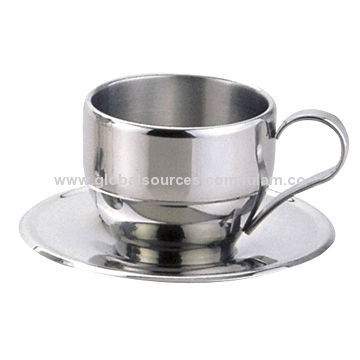 Stainless Steel Double-walled Coffee Cup with Saucer, Available in 3 Different Sizes
