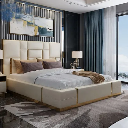 Luxury Leather Double Bed with Comfortable Bedding Set