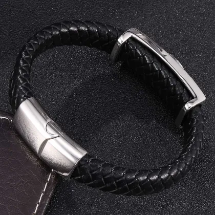 Black Rope Silver Scorpion Stainless Cross Magnetic Clasp Leather Bracelet