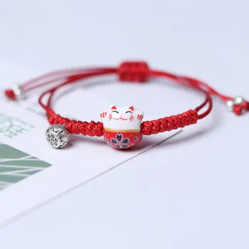 Chinese Knot Bracelet with Ceramic Lucky Cat - Red Rope Bracelet for Women