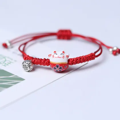 Chinese Knot Bracelet with Ceramic Lucky Cat - Red Rope Bracelet for Women