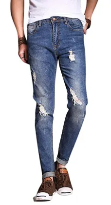 Men's Vintage Blue Ripped Destroyed Washed Trousers Jeans