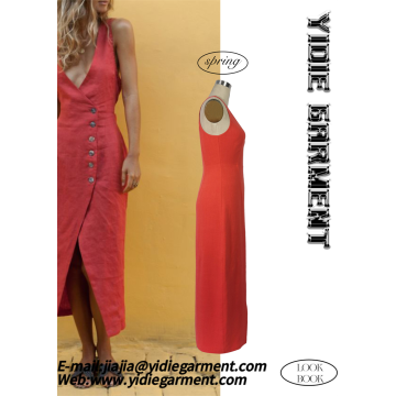 Mid-weight Plain Dyed Deep V-neck Slit Dress
