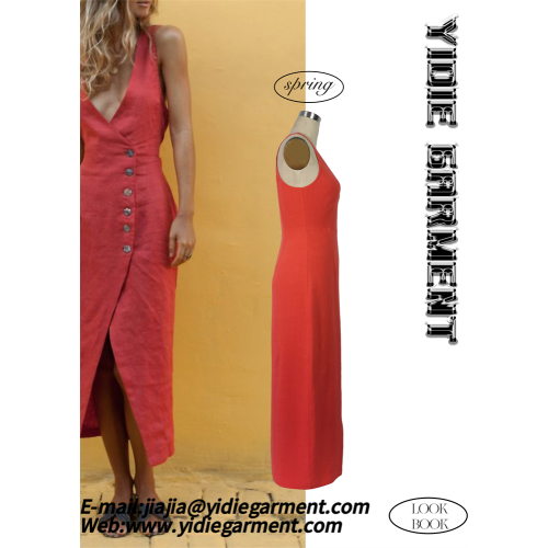 Mid-weight Plain Dyed Deep V-neck Slit Dress