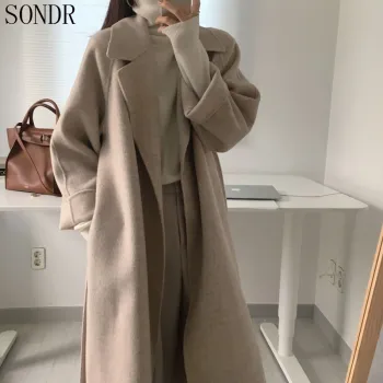 New Autumn Winter Women Woolen Coat Oversize Cashmere Trench Coat Outerwear Female Loose Women'S Wool Blend Long Coat With Belt
