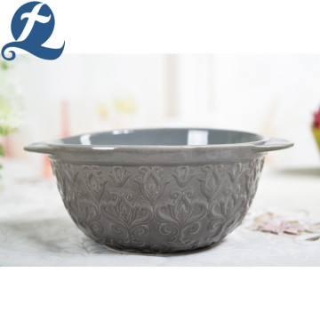 Embossment Round Ceramic Mixing Bowls with Handle