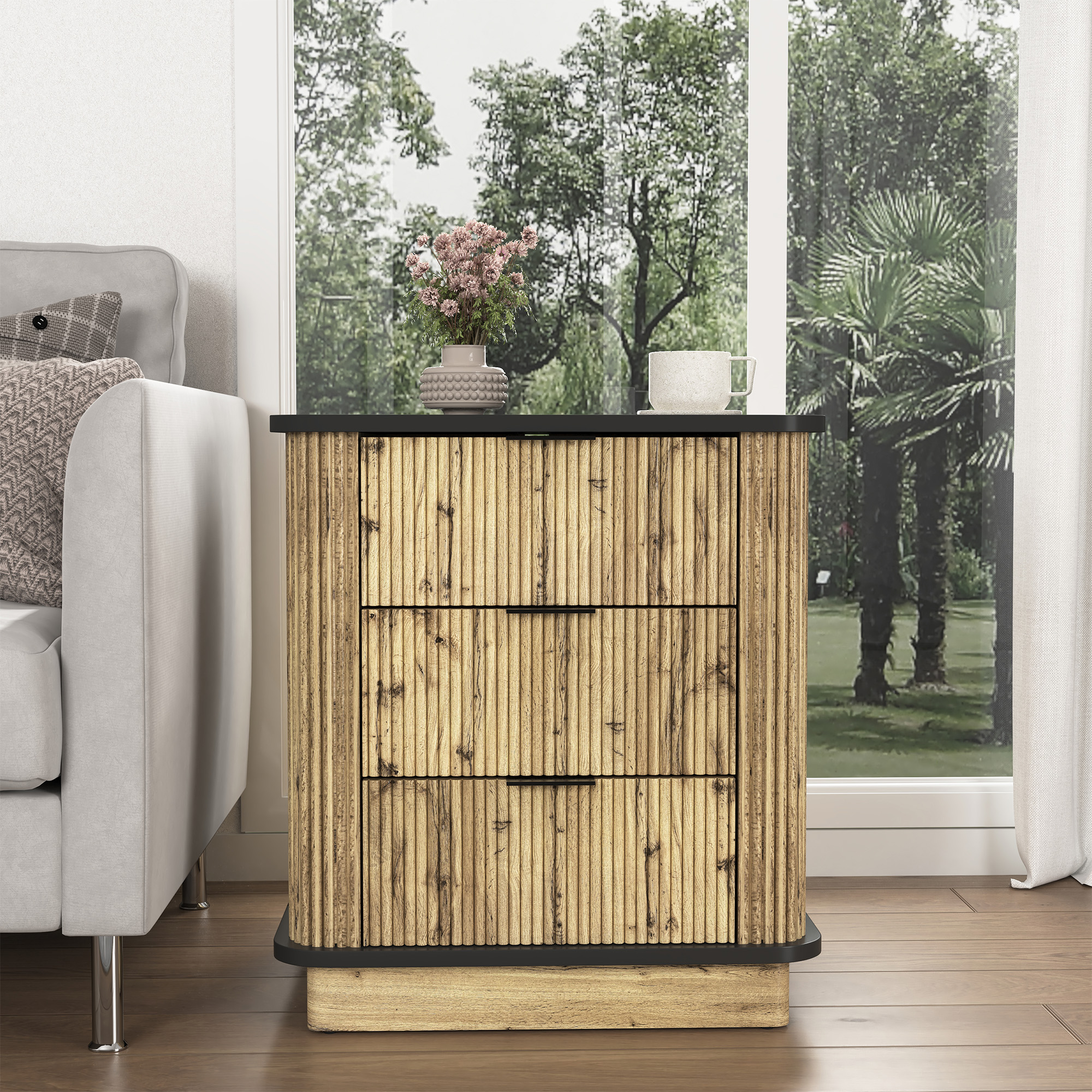 3 Drawer Nightstand with Wood Finish Minimalist Style
